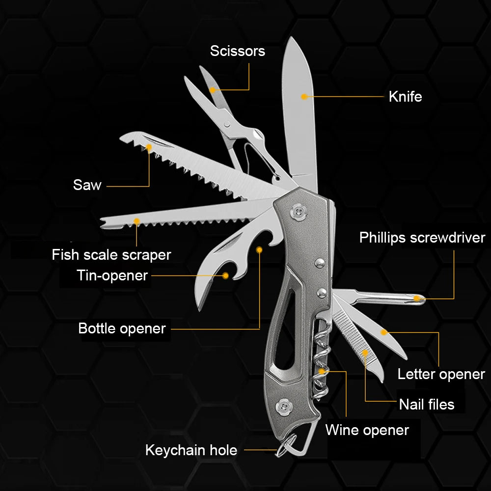 Outdoor Multifunctional Swiss Knife Camp Multitool Bottle Opener Folding Knife Portable Scissors Saw
