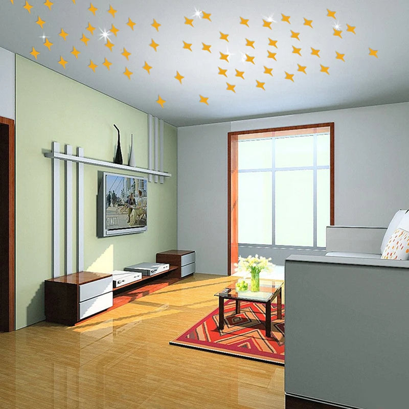 50PCS 3D Star Acrylic Mirror Wall Sticker DIY Living Room Bedroom Background Wall Mirror