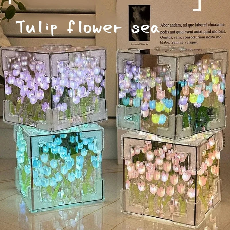 DIY Tulip Mirror Cube Lamp Simulation Flower Bedroom Sleeping Table Lamp
