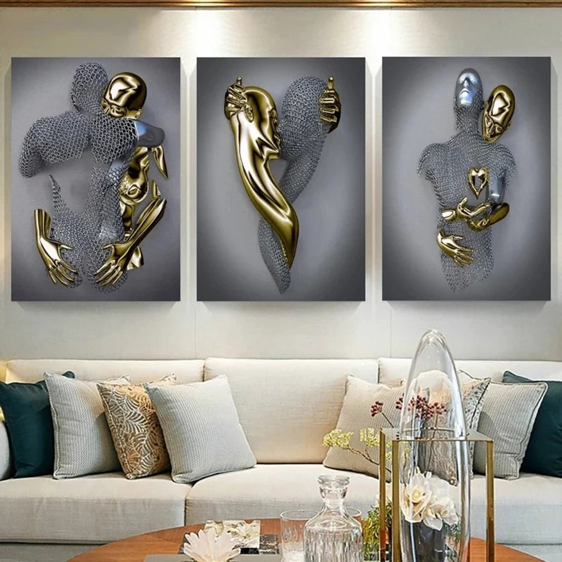 Love Heart Metallic Wall Art Canvas Painting 3D Effect| Hugging Couple Posters and Prints Kissing Art for Living Room Home Decor
