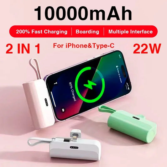 10000mAh Mini Power Bank 2 IN 1 Fast Mobile Phone Charger-Type-C iPhone Samsung Huawei