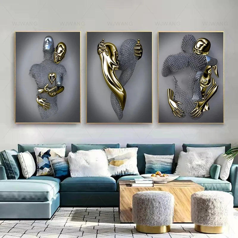 Love Heart Metallic Wall Art Canvas Painting 3D Effect| Hugging Couple Posters and Prints Kissing Art for Living Room Home Decor