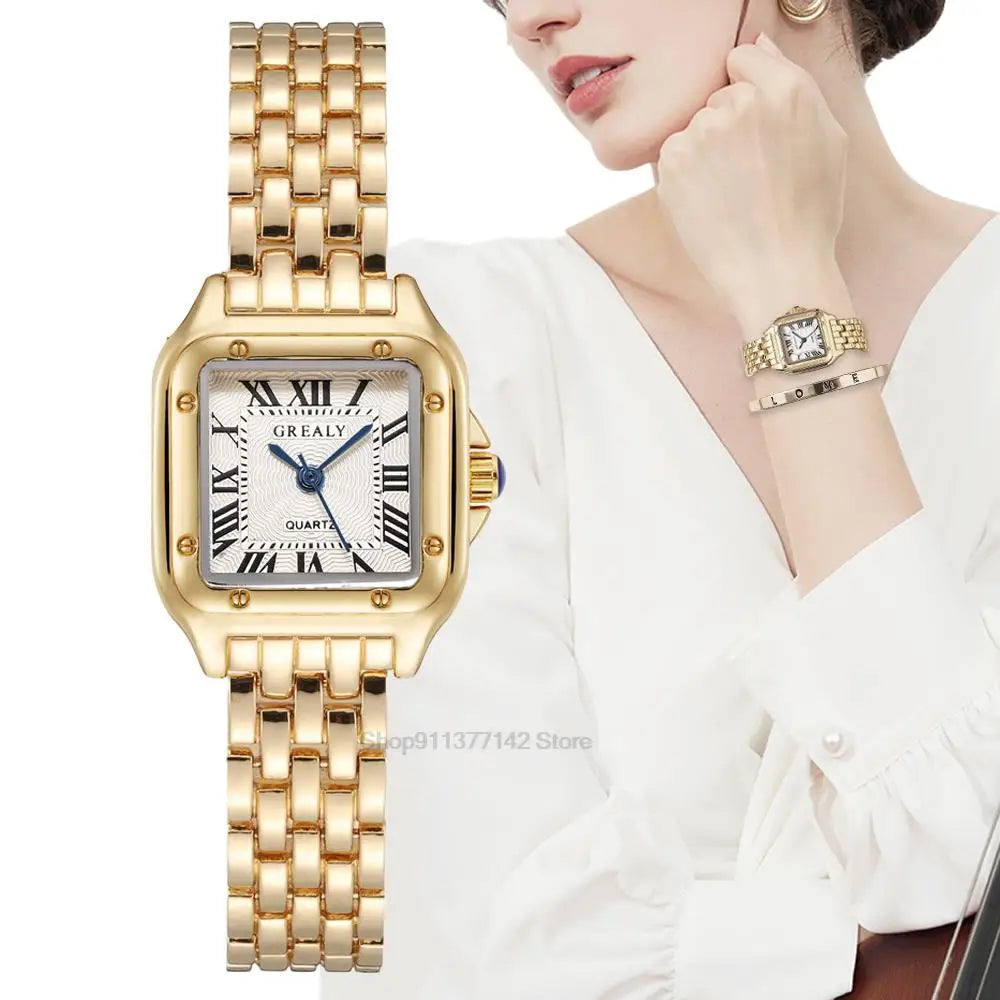 2024 Luxury Women's Fashion Square Watches Gold Alloy Strap