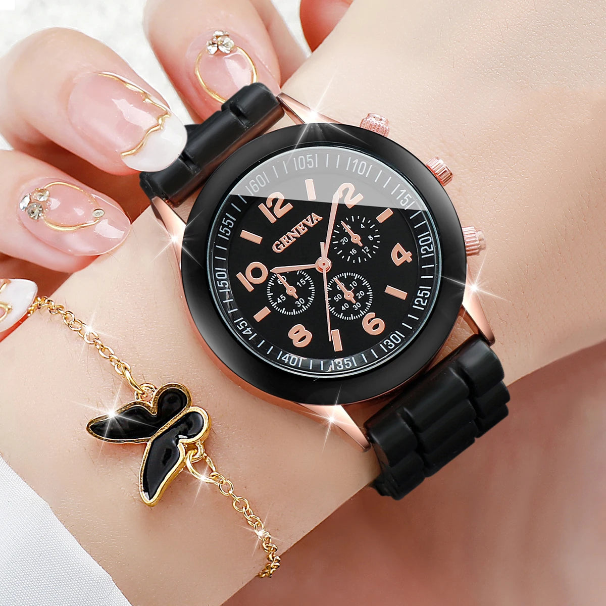 5pcs/Set Geneva Watch Women Fashion Silicone Band Quartz Watch Butterfly Jewelry Set（Without Box）