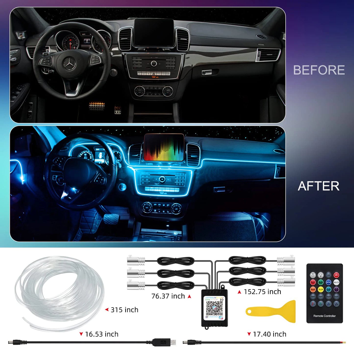 LED Car Interior Ambient Light Strip| Neon Lighting Kit W/ APP Remote Control Auto Decorative Lamps