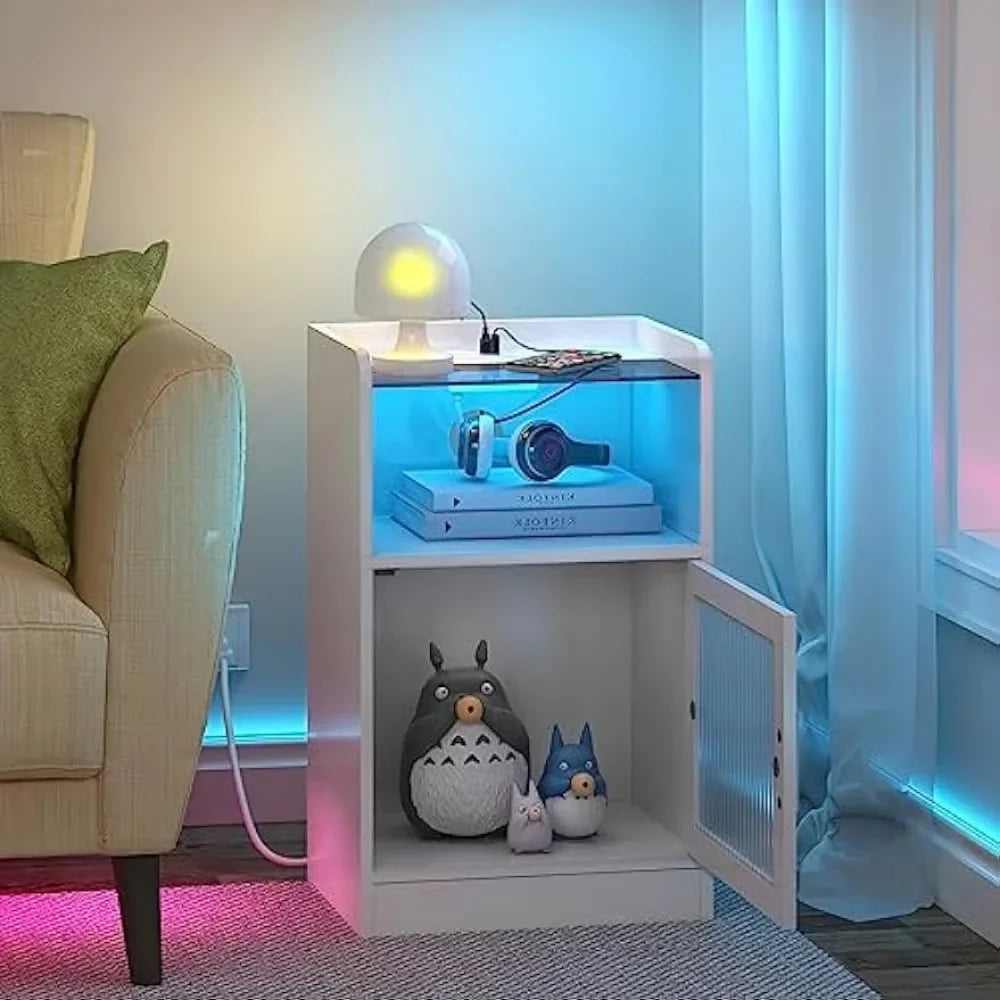 Nightstand with Power Outlet and LED Light for Bedroom or Living Room