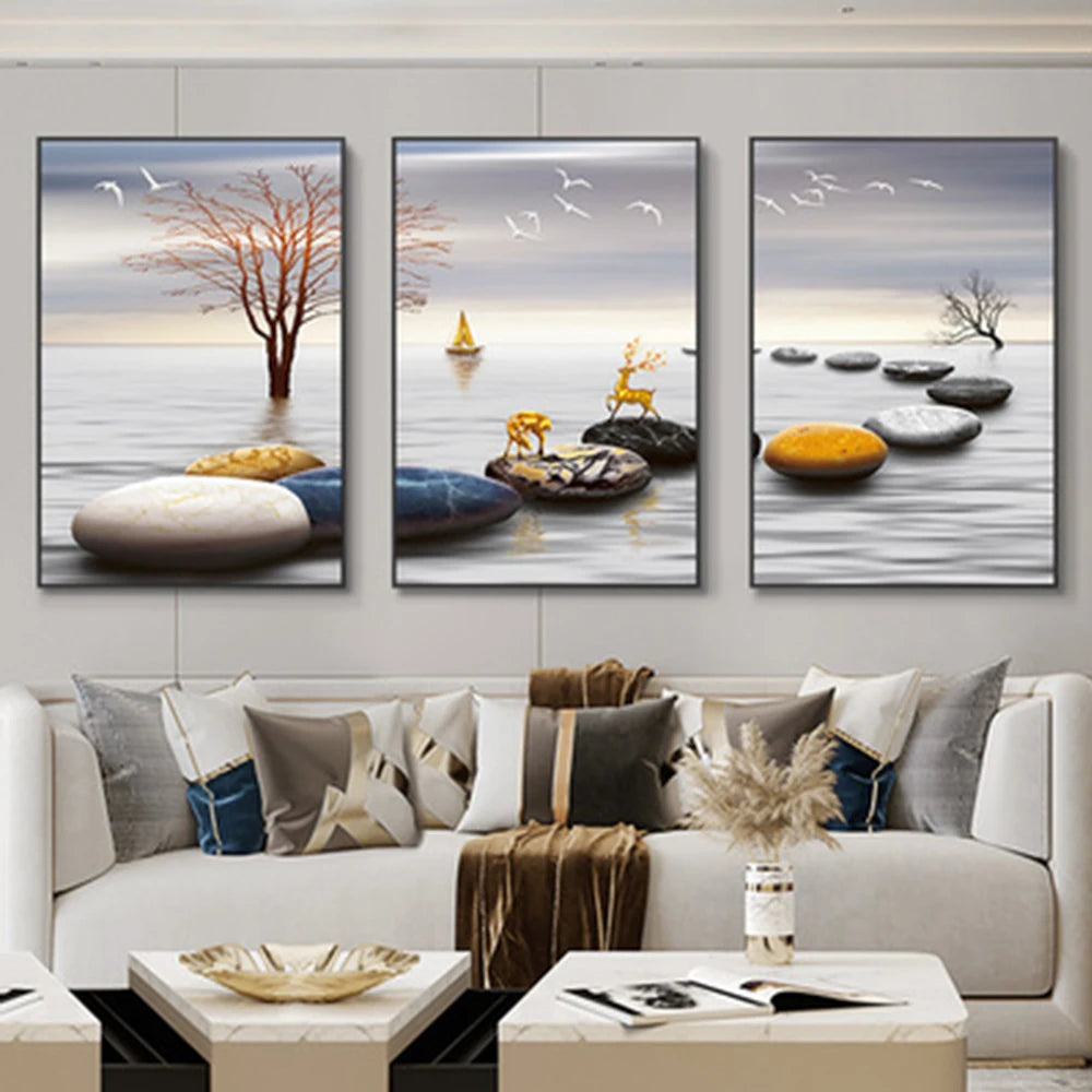 3 Pieces Nordic Luxury Ribbon Abstract Landscape Modern Wall Art Canvas Paintings