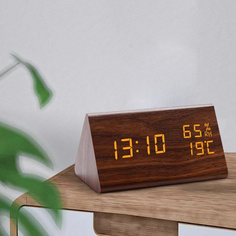 Digital LED Wooden Alarm Clock- Table Sound Control Electronic Clocks Desktop USB/AAA Powered
