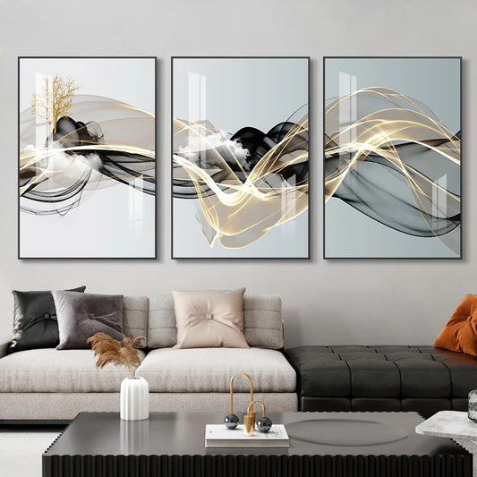 3 Pieces Nordic Luxury Ribbon Abstract Landscape Modern Wall Art Canvas Paintings