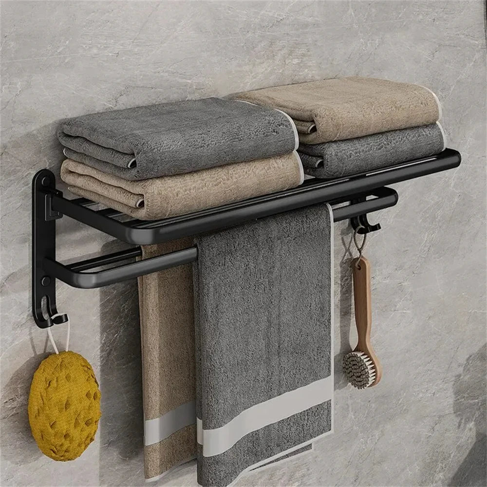 Multifunctional Aluminum Foldable Towel Rack Wall-Mounted Bathroom Item Shelf